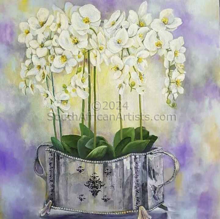 Orchids in silver vase