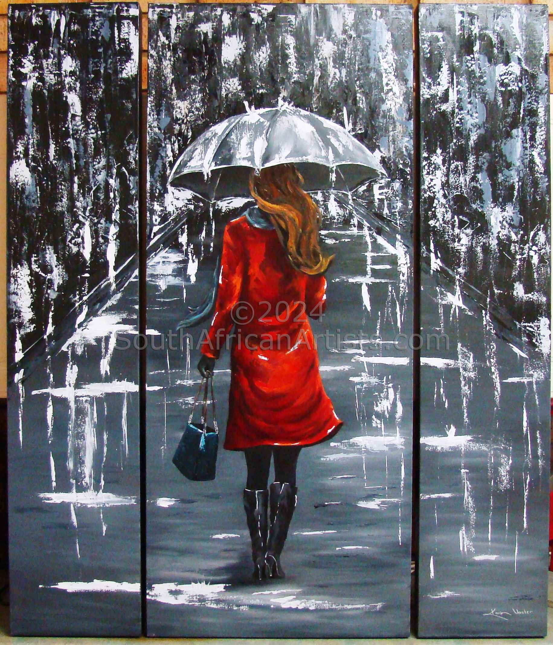 Lady in Red Walking in Rain (Triptych)