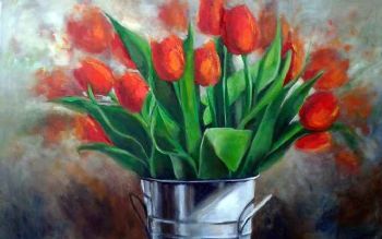 "Red Tulips in Bucket"