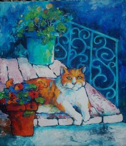 "Cat and Nasturtiums"