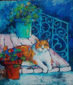 "Cat and Nasturtiums"