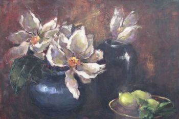"Magnolias in blue vase"