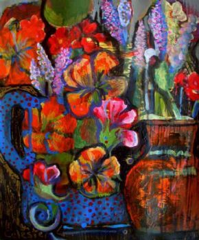 "Flower Study with Lavender and Nasturtiums"