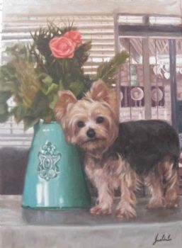 "Yorkie and Vase with Flowers"