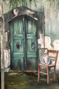 "Cat Sitting on Chair at Old Door Entrance"