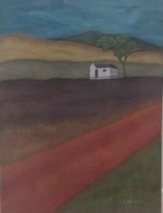 "Farmhouse and Tree on Overberg Fields and Road"