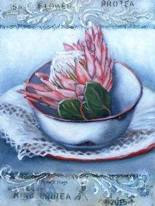 "Pink Protea in Enamel Bowl"