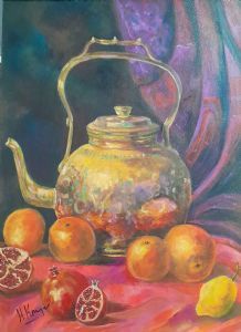 "Copper kettle with oranges"