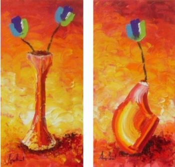 "Blue Tulips in Red Vases"