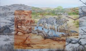 "Zebra and Impala at a Waterhole"
