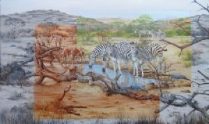 "Zebra and Impala at a Waterhole"