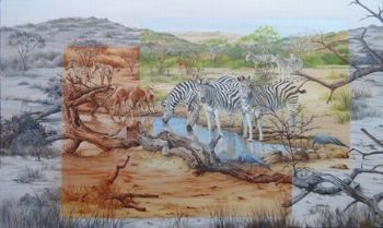"Zebra and Impala at a Waterhole"