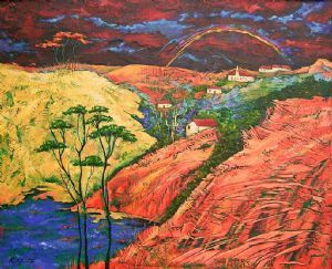 "Vivid Landscape Painting of Hillside"