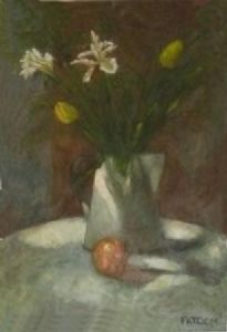 "Saint Joseph Lilies, Tulips, Apple on a Table"