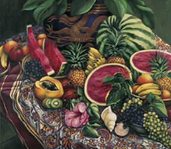 "Table, Watermelons, Hibiscus & Shells"