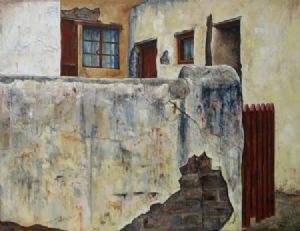 "Red Gate in Cracked Garden Wall"