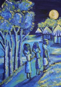 "African village blue and yellow"