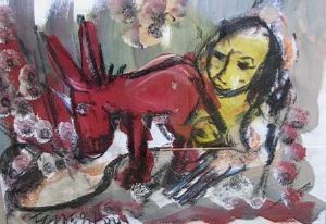 "Woman With Donkey and Cosmos"