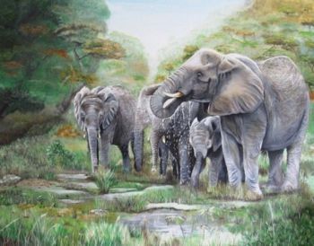 "Elephants Drinking by the Fountain"