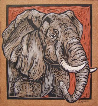 "Elephant - Coloured & Incised Woodcut Block 1/1"