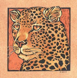 "Leopard - Coloured & Incised Woodcut Block 1/1"