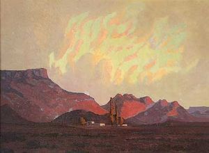 "Karoo Landscape with buildings, tree"