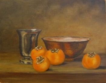 "Persimmons with copper bowl"