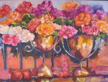 "Mixed roses in bronze trophies"
