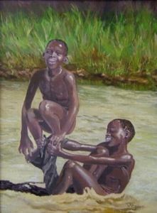 "Boys splashing in river"
