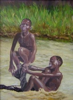 "Boys splashing in river"