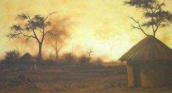 "Rural Huts at Sunset, Botswana"