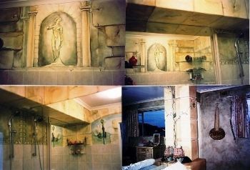 "murals and stonework"