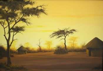 "Rural Huts at Dusk"