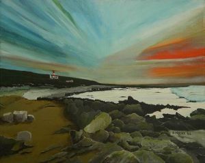 "Sunset lighthouse and bay"