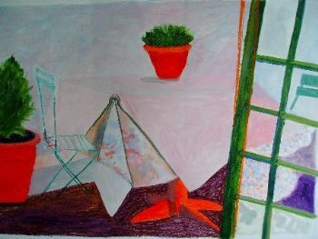 "Pink Tablecloth With Green Chairs"