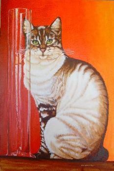 "Red, Cat and Glass Vase"