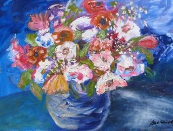 "Mixed Flowers on Blue"