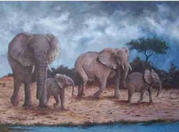 "Elephants at Waterhole"