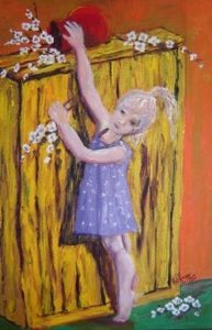 "Girl Reaching for Fallen Flower Vase"