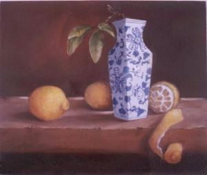 "Lemons in Blue Vase"