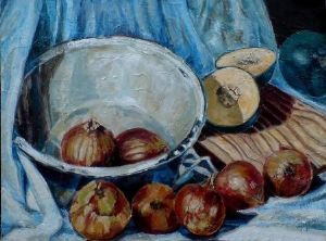 "Enamel bowl and onions"