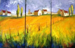 "cottages behind fence triptech"