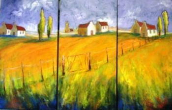 "cottages behind fence triptech"