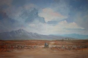 "Donkey Cart with Distant House"