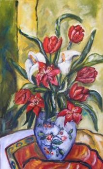 "Tulips and arums in chinese vase"