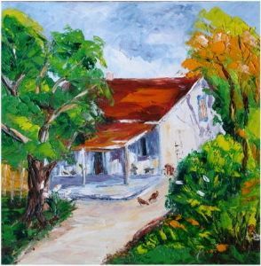 "Farmhouse with chickens"