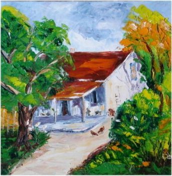 "Farmhouse with chickens"