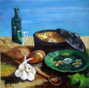 "Still Life with Casserole and Bread"