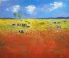 "red field with cows"
