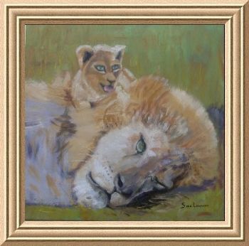"Male lion and cub"